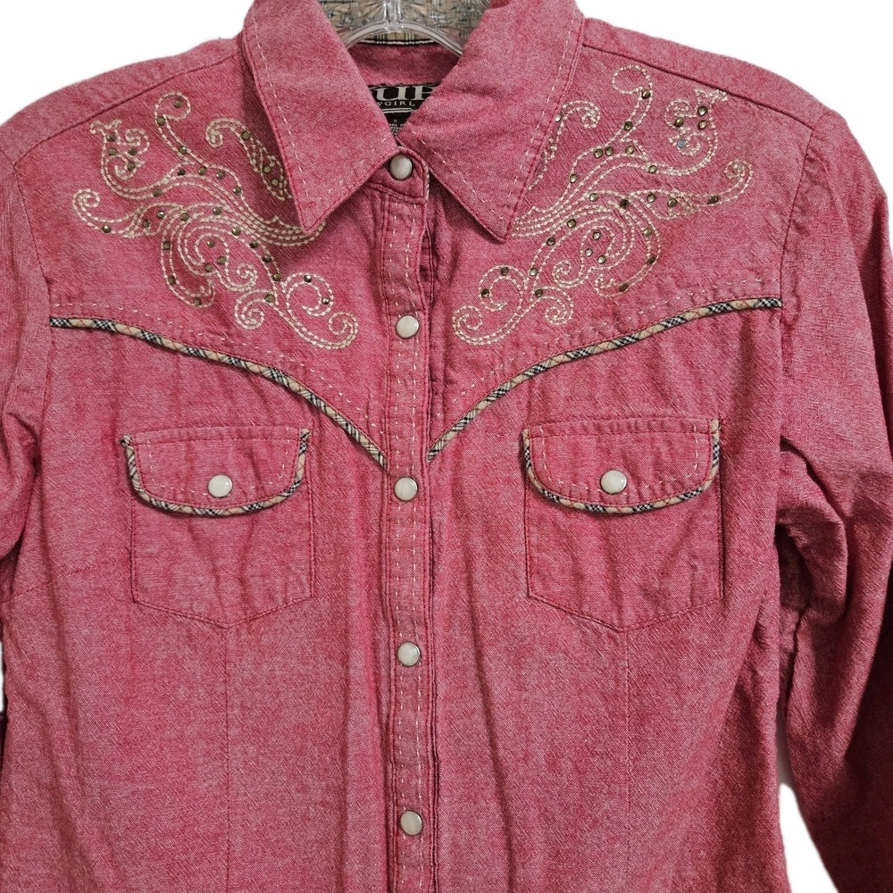 Cowgirl Up Embroidered Embellished Pearl Snap Red Western Shirt Womens Small EUC